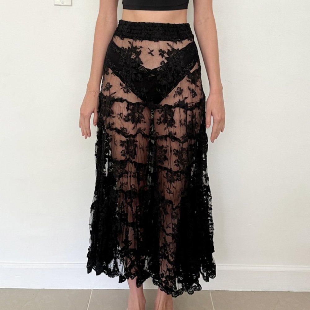 Sheer Black Lace Tiered Midi / Maxi Skirt XS - Picture 3 of 4